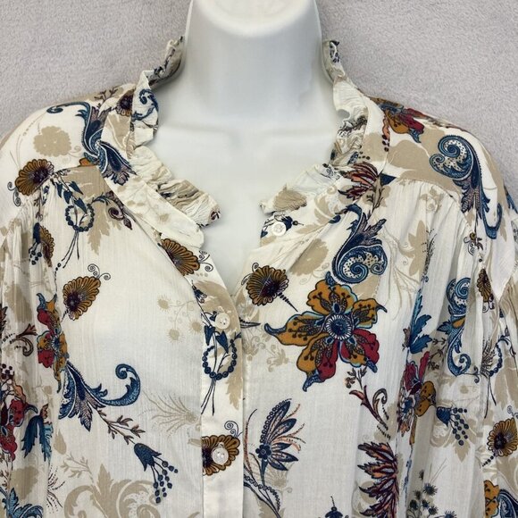 Boho Button Up Floral Shirt Womens 4X Cream Ruffle Collar Top St. Johns Bay - Picture 4 of 12